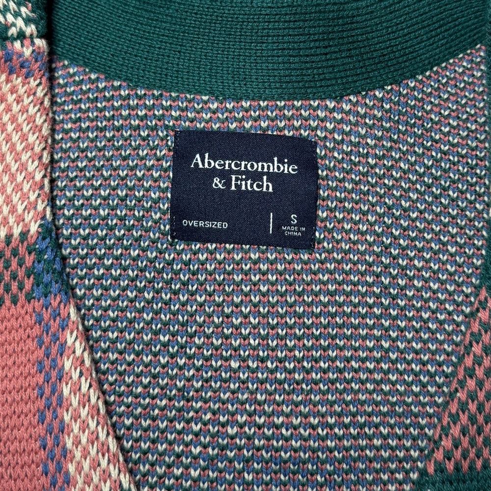 Abercrombie & Fitch Plaid Button-Up Oversized Cardigan Forest Green Rose Navy - Picture 5 of 5